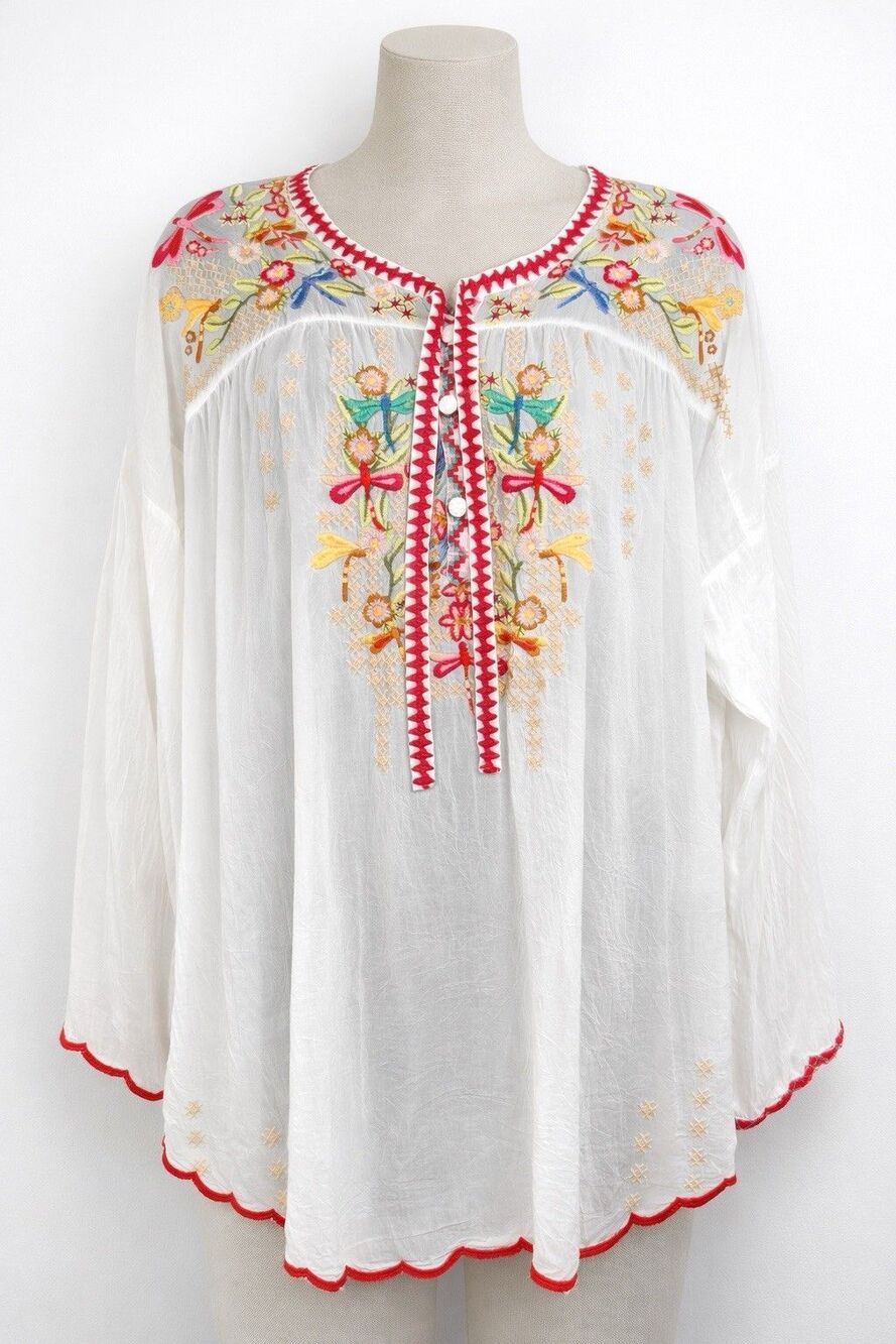 Johnny Was Dragonfly Embroidered Bohemian Boho Blouse White Gauze Tunic Top Sz L